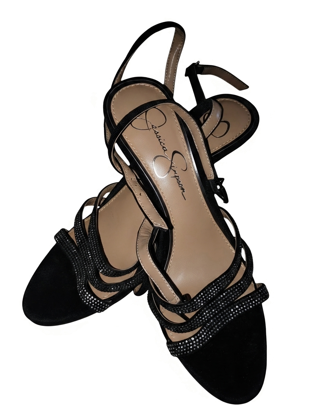 Jessica Simpson Black Strappy Rhinestone Heels